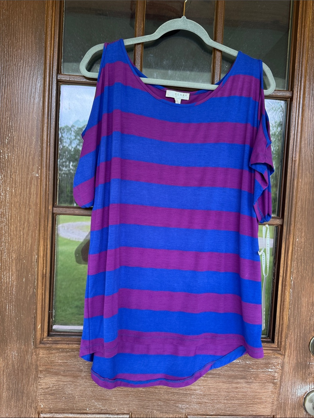 Kenar Blue and Purple Striped Cold-Shoulder Short Sleeve Top